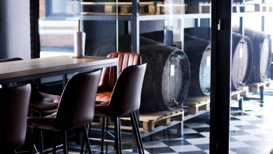 Interior of a restaurant with wine barrels