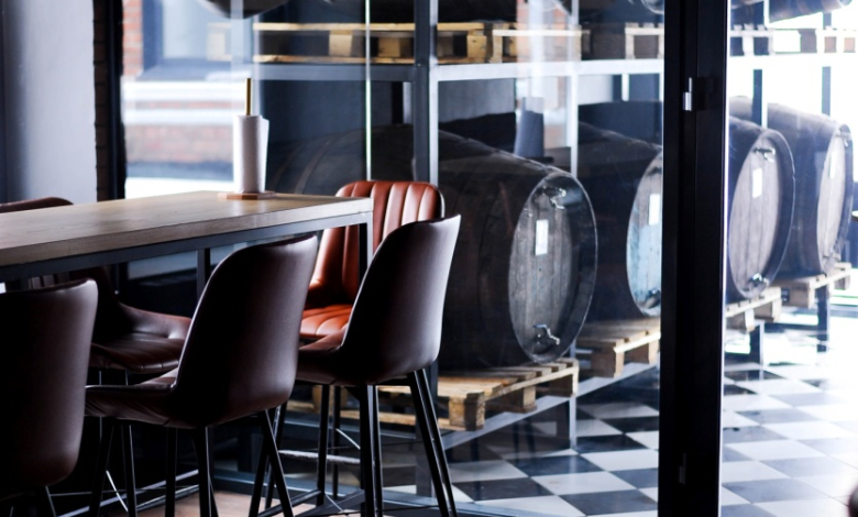 Interior of a restaurant with wine barrels