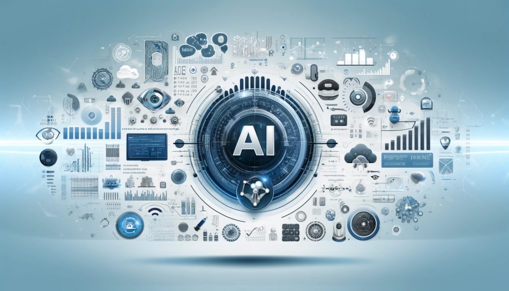 image features a futuristic and sleek design with AI icons, data analytics, chatbots, and machine learning graphics. The background is abstract and tech-themed with a professional color scheme of blue, white, and subtle highlights.